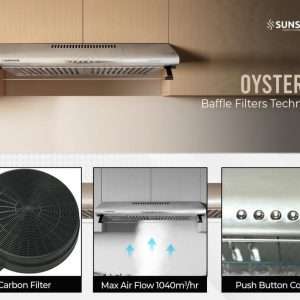 SUNSHINE OYSTER 60 Chimney 1040 M3/Hr Suction | Auto-Clean | Led Lights | Warranty 12 Years On Motor & 2 Year General Warranty