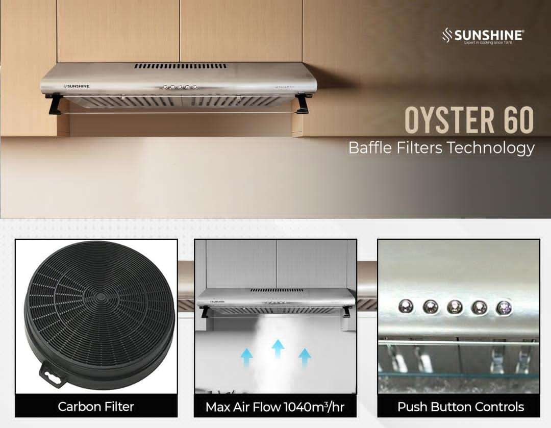 SUNSHINE OYSTER 60 Chimney 1040 M3/Hr Suction | Auto-Clean | Led Lights | Warranty 12 Years On Motor & 2 Year General Warranty