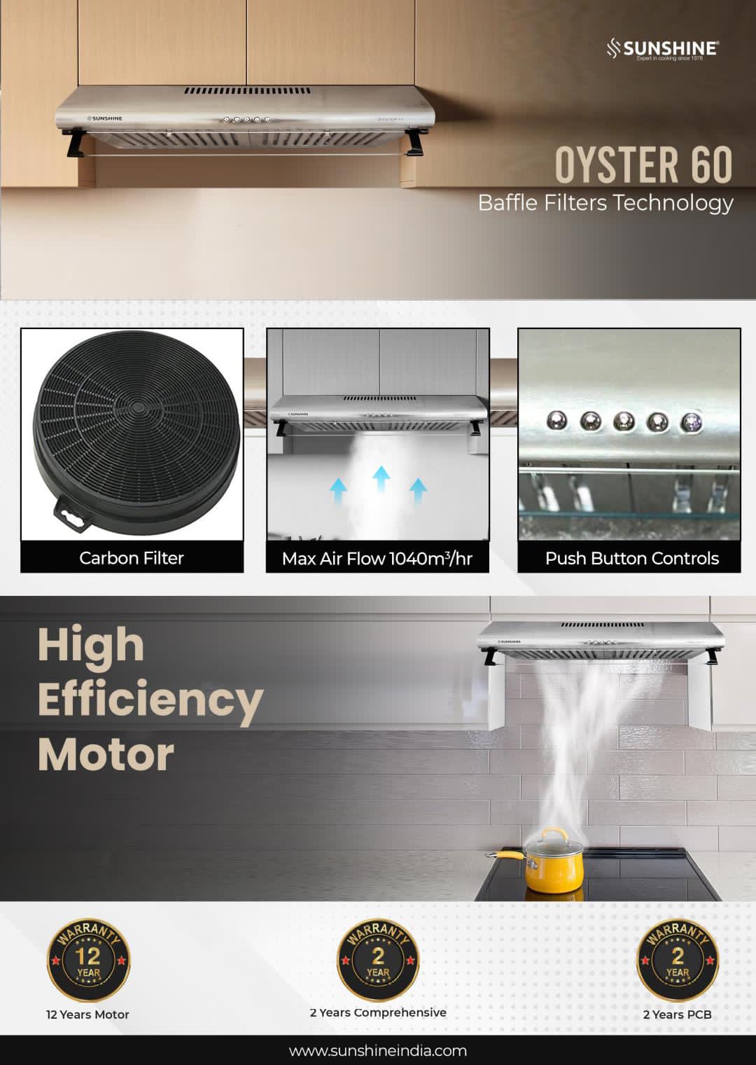 SUNSHINE OYSTER 60 Chimney 1040 M3/Hr Suction | Auto-Clean | Led Lights | Warranty 12 Years On Motor & 2 Year General Warranty - Image 2