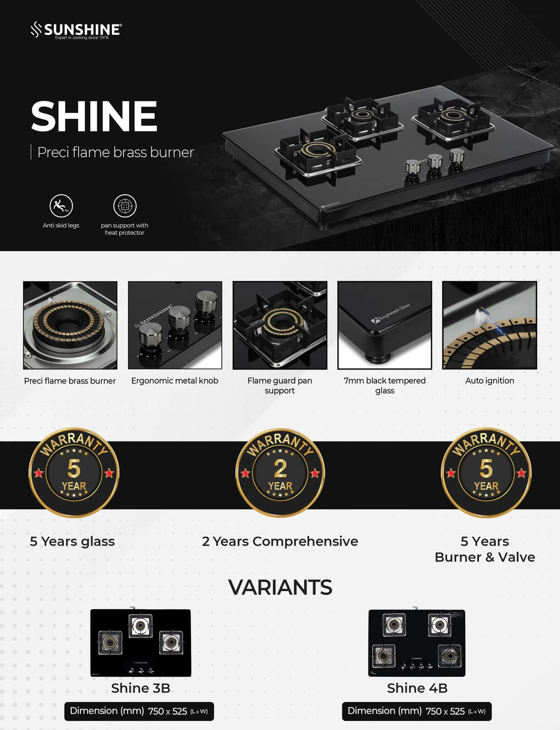Sunshine Shine Four Burner Gas Stove/Hob Top Auto Ignition (LPG) - Image 2