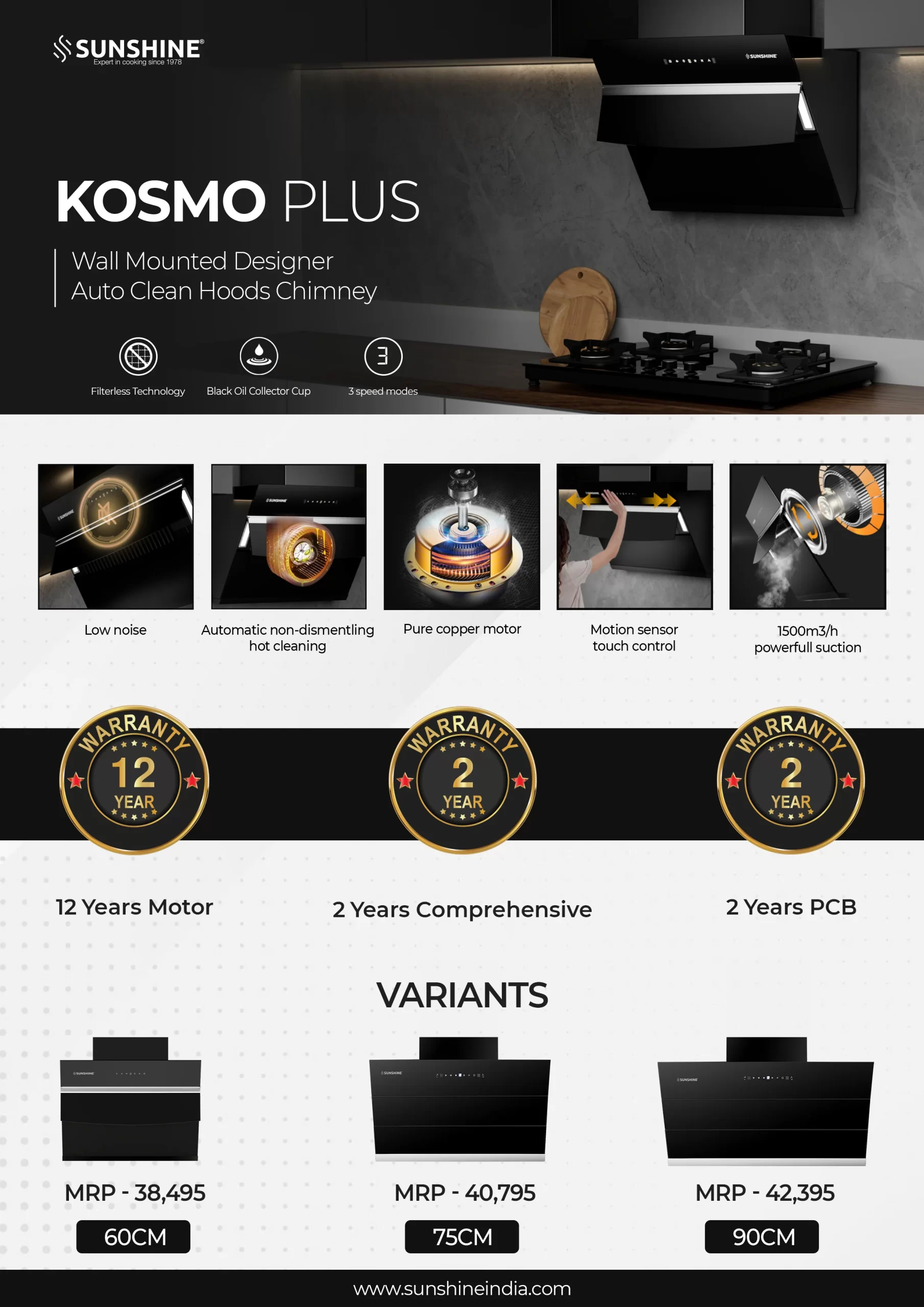 Sunshine Kosmo Plus-60 Wall Mounted Designer Auto Clean Hoods Chimney - Image 2