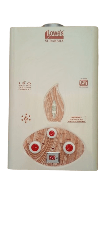 Lowe's Suraksha MS With Digital Temperature Display 6ltr LP Instant Gas Geyser | Fully Automatic Low Pressure Gas Water Heater | 6Ltr Capacity Copper Tank | ISI Mark Heating Element