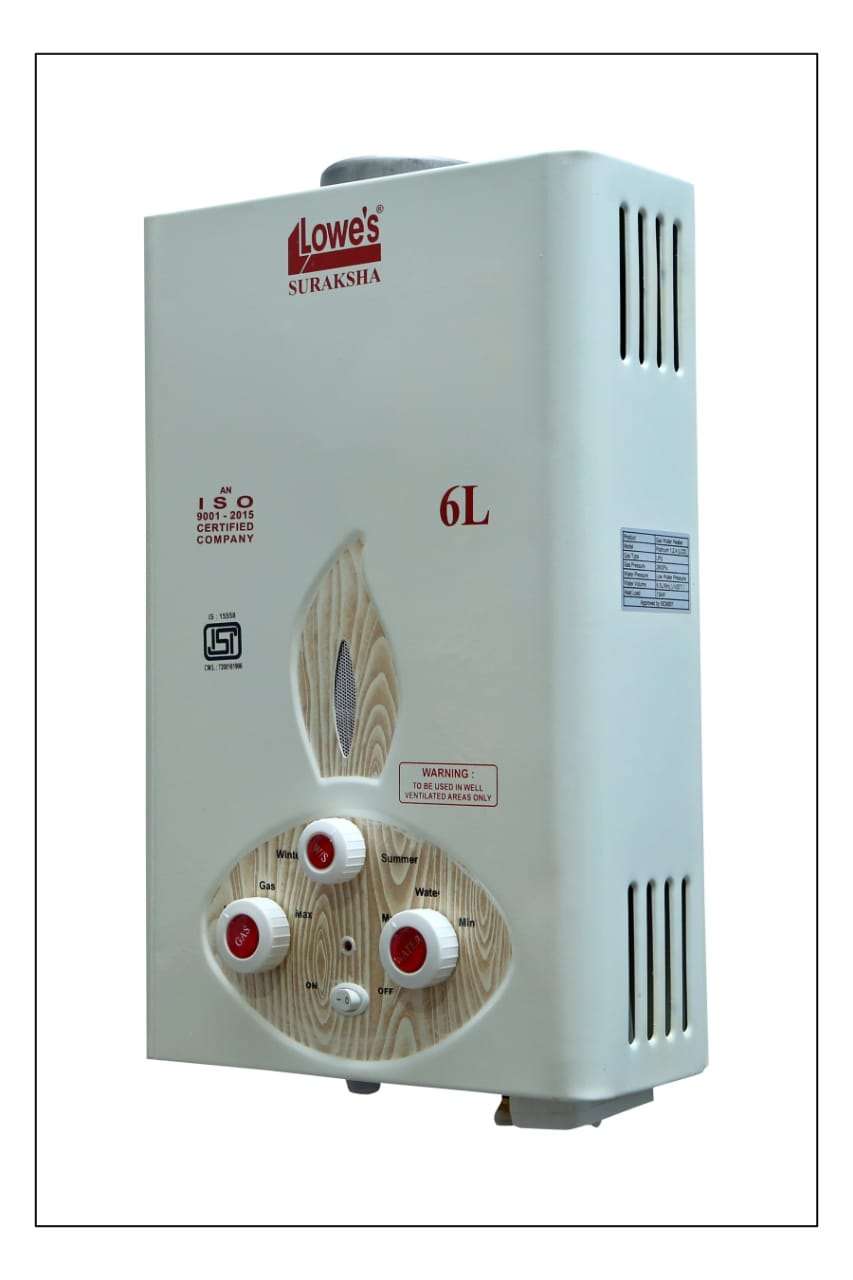 Lowe’s Suraksha MS 6ltr LP Instant Gas Geyser | Fully Automatic Low Pressure Gas Water Heater | 6Ltr Capacity Copper Tank | ISI Mark Heating Element