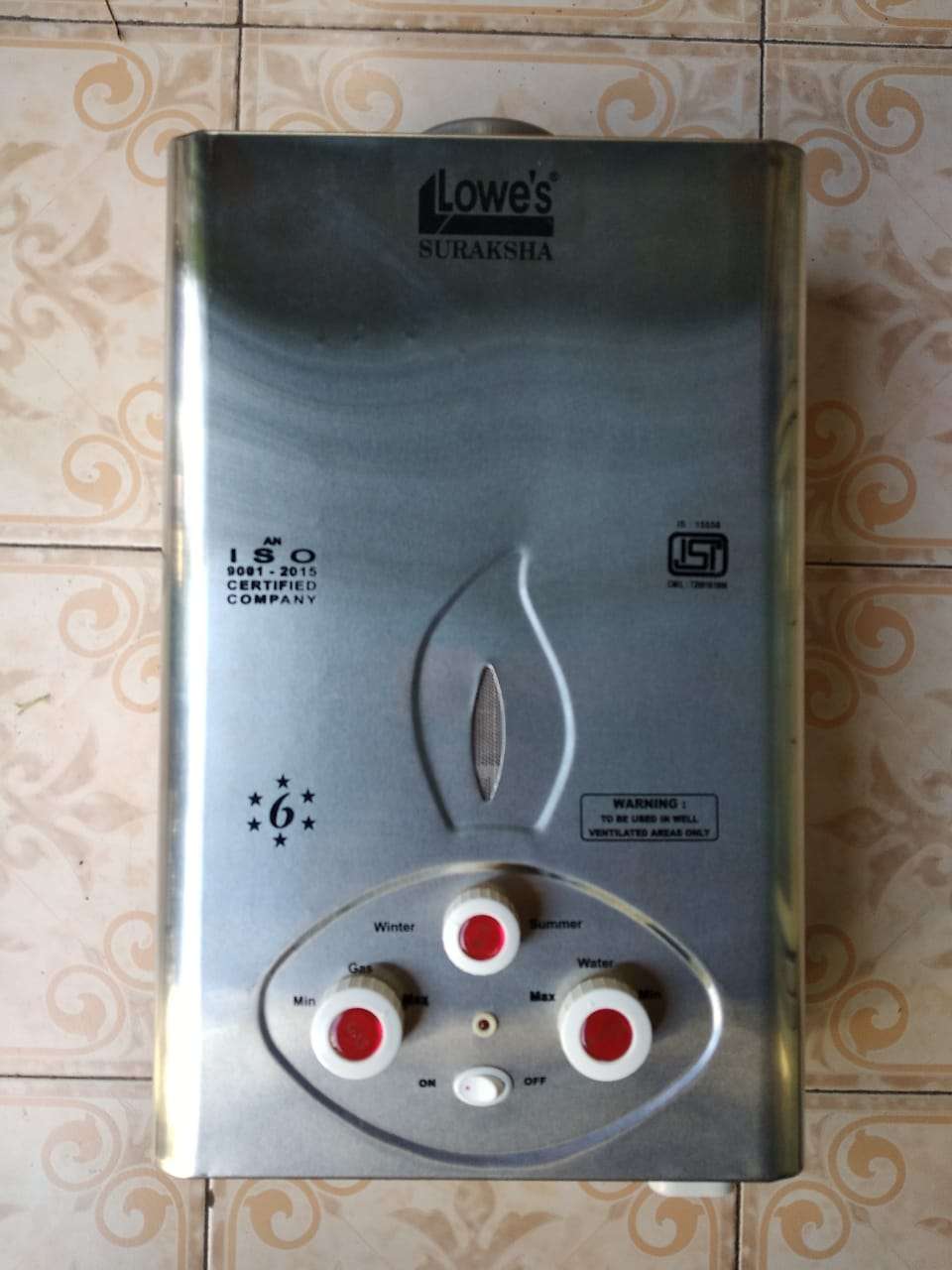 Lowe's Suraksha Stainless Steel 6ltr LP Instant Gas Geyser | Fully Automatic Low Pressure Gas Water Heater | 6Ltr Capacity Copper Tank | ISI Mark Heating Element - Image 3