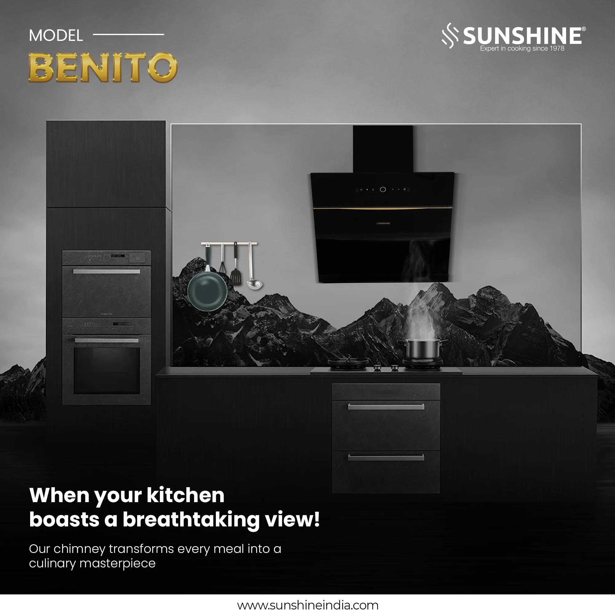 Sunshine Benito-60 Wall Mounted Auto Clean Hoods Chimney - Image 4