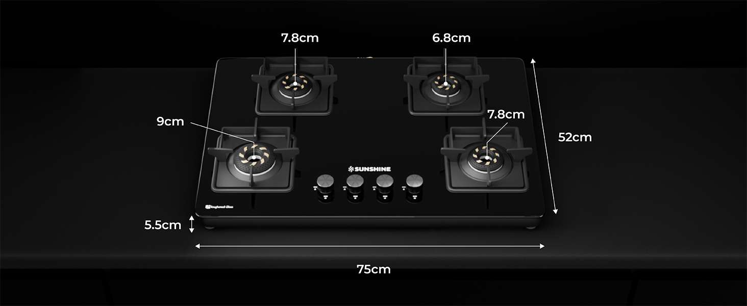 Sunshine Slimmest Magnite 4 Burner Glass Hob Top Cooktop Manual Ignition (PNG) - Image 17