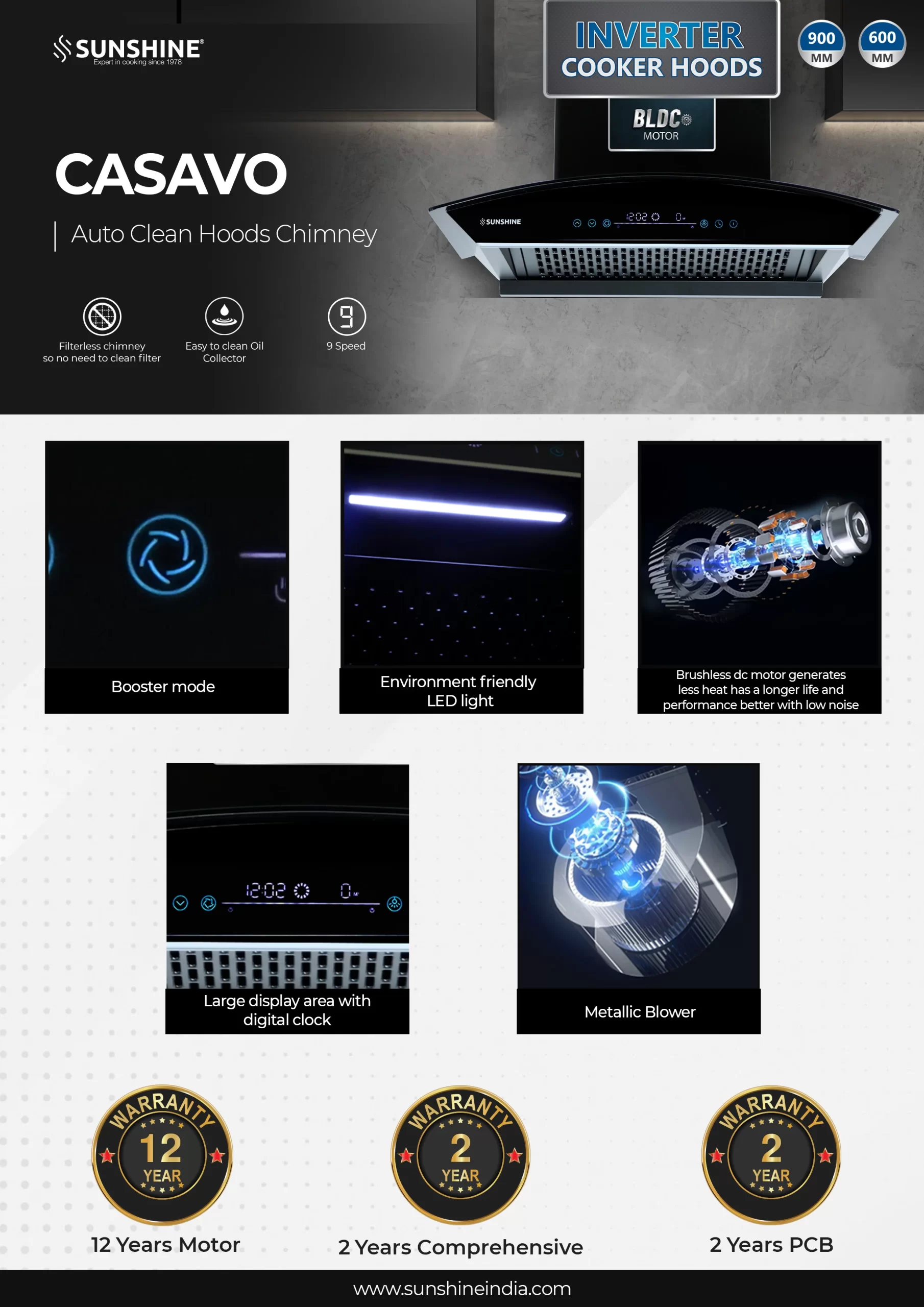 Sunshine Casavo 90 Wall Mounted Auto Clean Chimney - Image 3